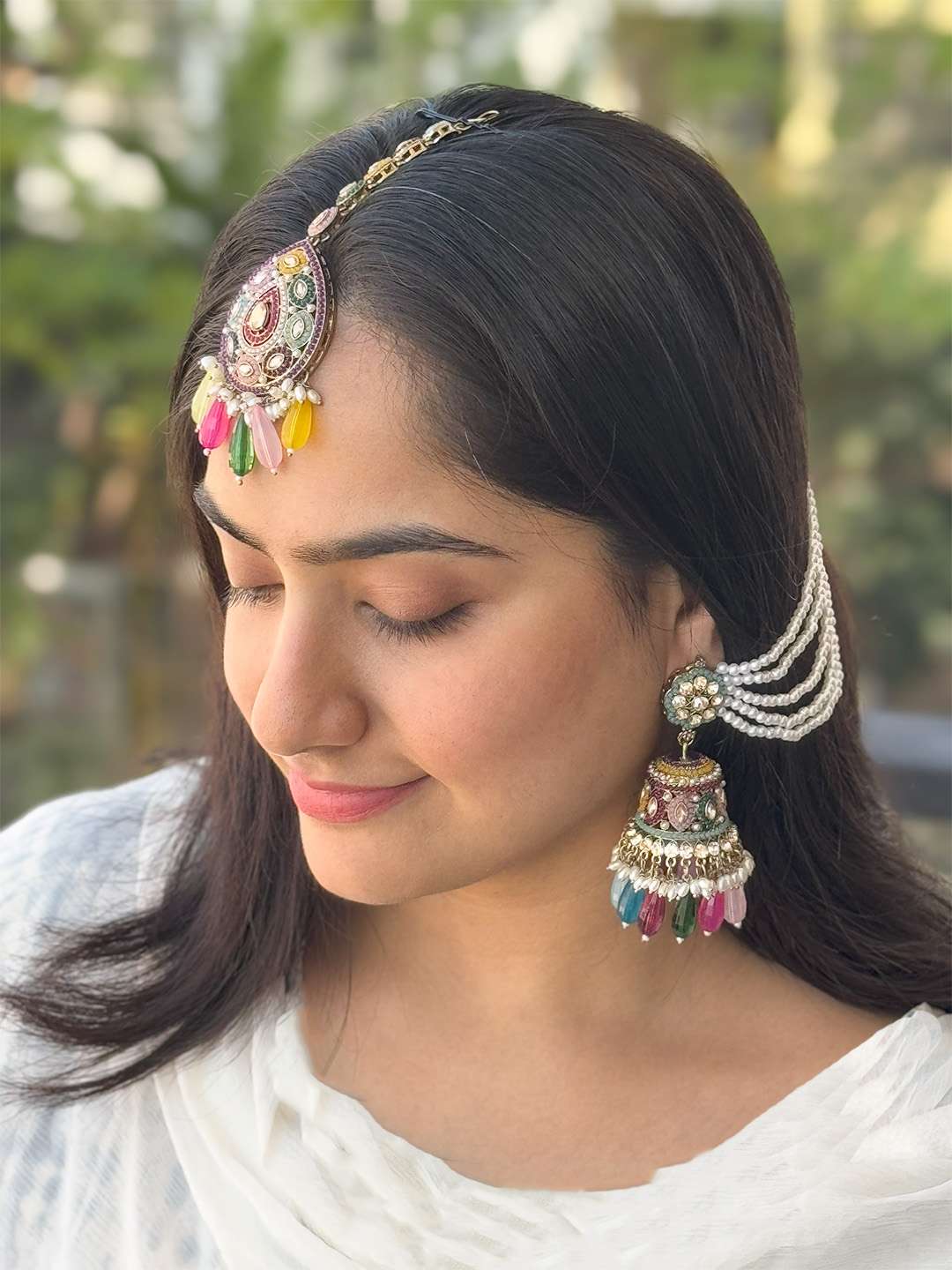 Ishhaara Multicolored Jhumka Earrings With Sahara Earchain And Teeka