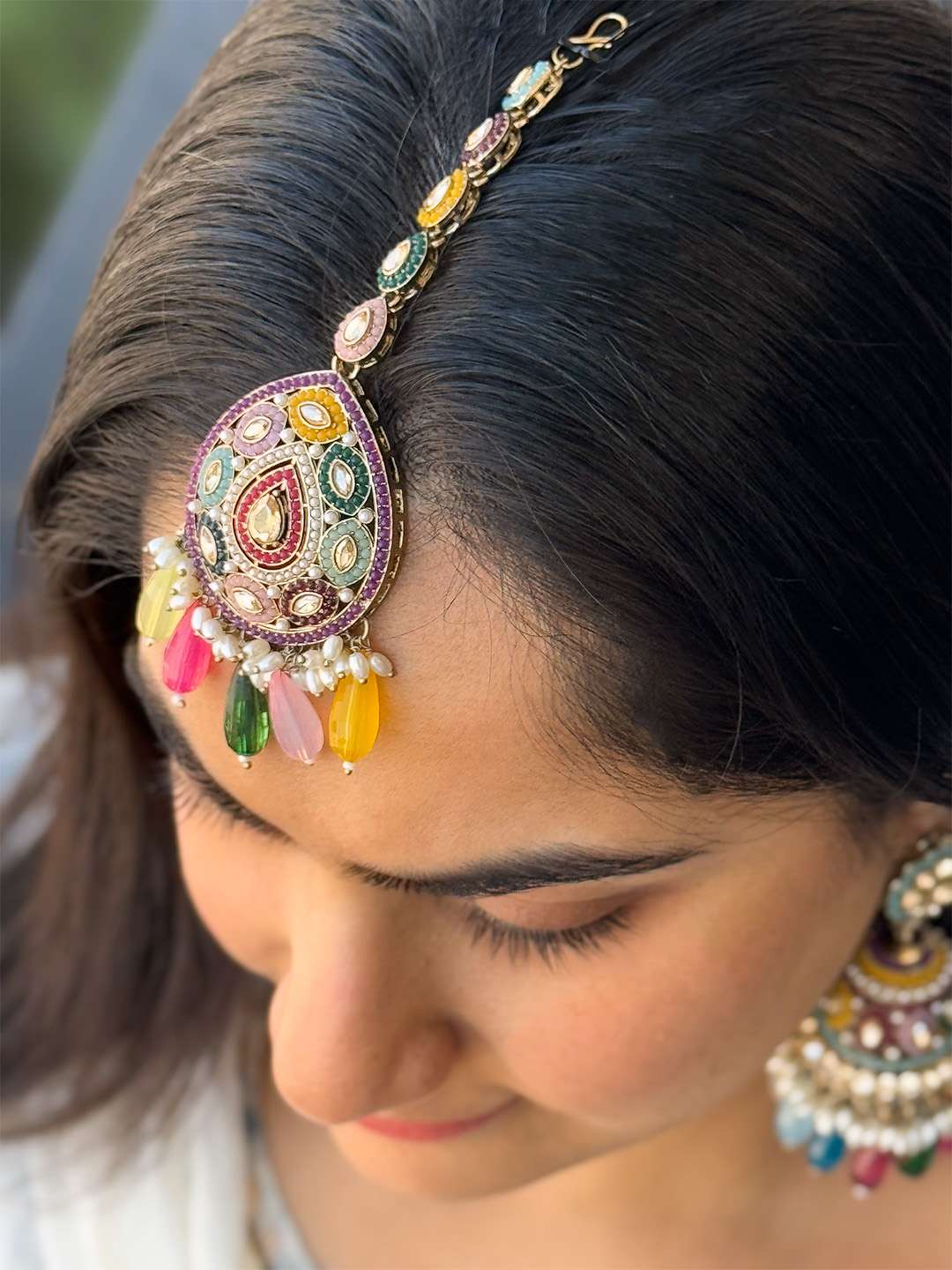 Ishhaara Multicolored Jhumka Earrings With Sahara Earchain And Teeka