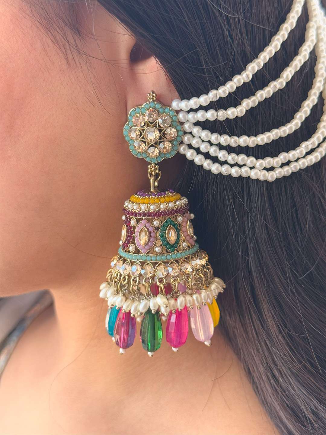 Ishhaara Multicolored Jhumka Earrings With Sahara Earchain And Teeka