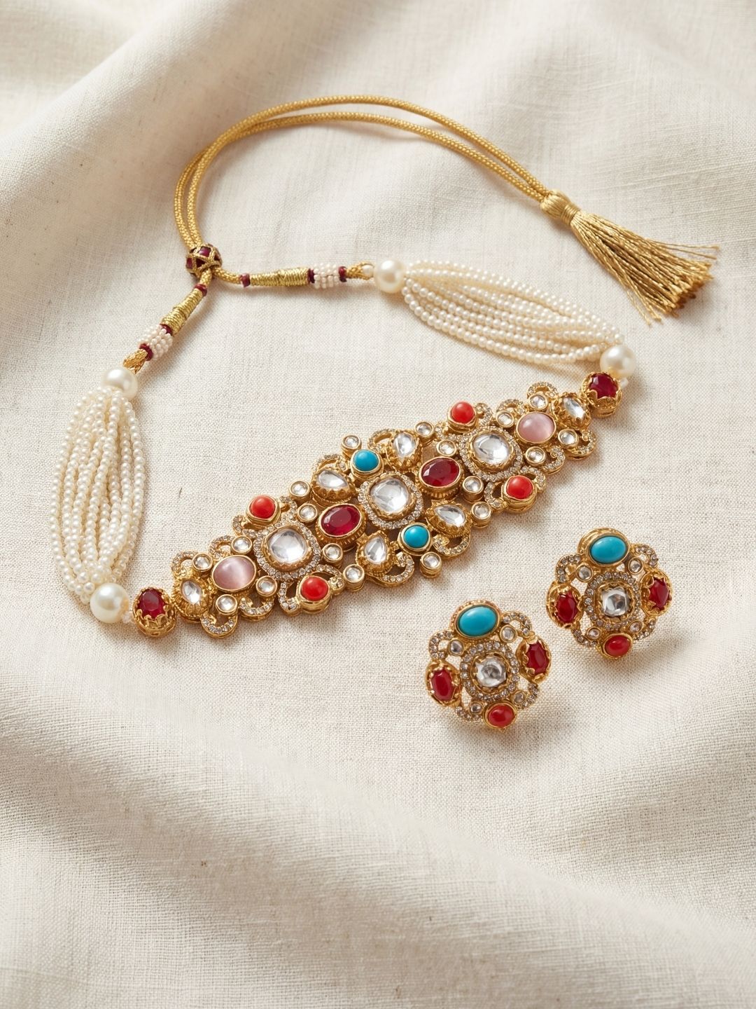 Ishhaara Multicolored Kundan Polki Choker Necklace Set