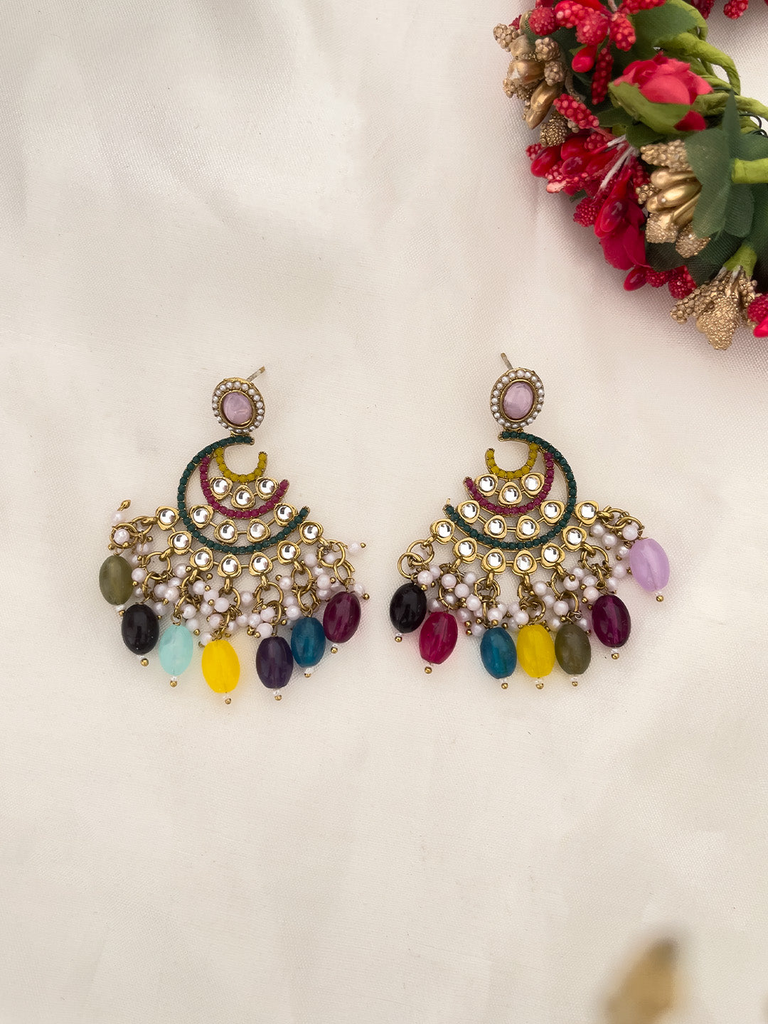 Ishhaara Multicolor Multicolored Kundan Studded Chandbali Earrings