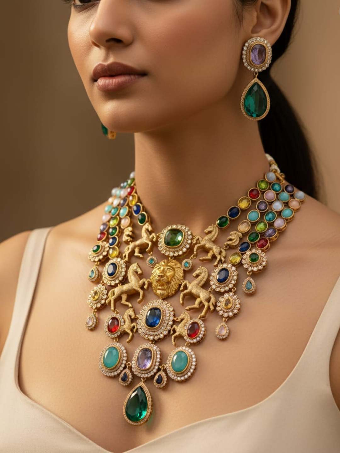 Ishhaara Multicolored Stone And Zircon Choker Necklace Set