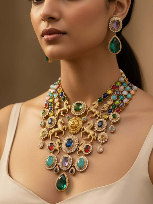 Ishhaara Multicolored Stone And Zircon Choker Necklace Set