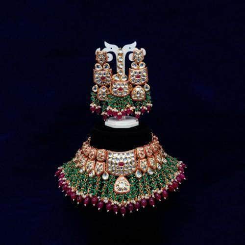 Ishhaara Green AD Kundan Rectangular Motif Coral Necklace And Earring Set