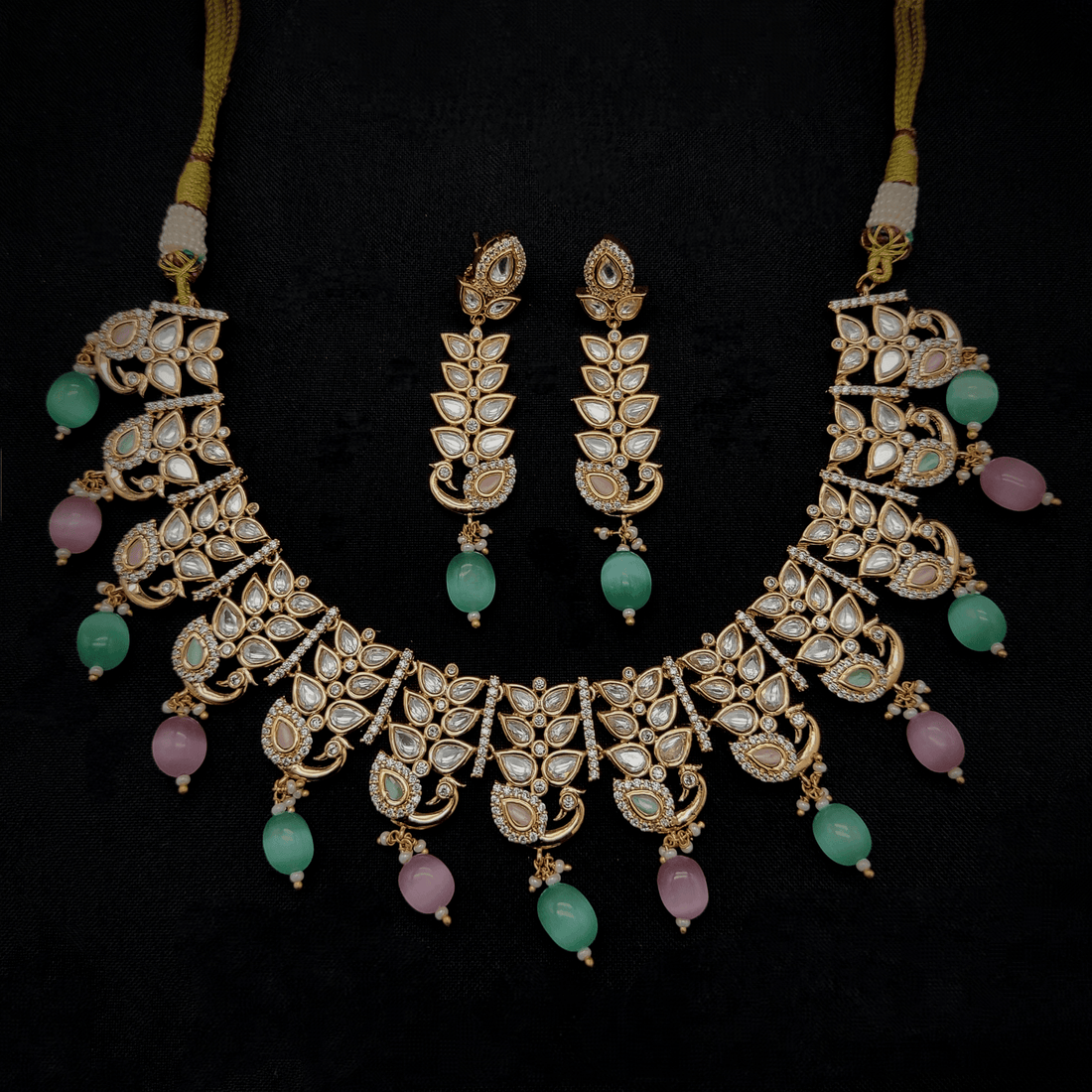 Ishhaara American Diamond Kundan Peacock Leaf Necklace Set