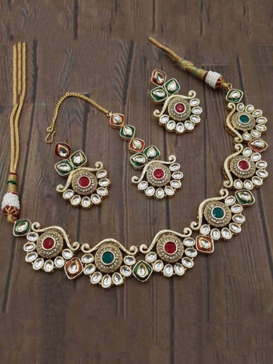 Ishhaara White Antique Kundan Design Necklace Earring And Teeka Set