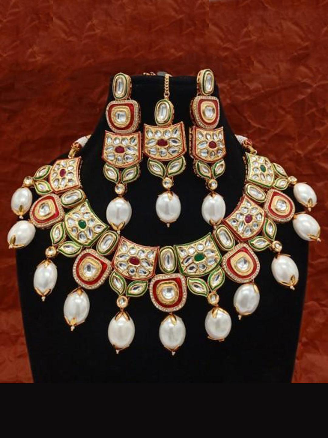 Ishhaara Cut Kundan Meena Pearls Necklace Earring And Teeka Set
