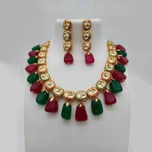 Ishhaara Multicolour Cut Work Oval Kundan Necklace And Earring Set