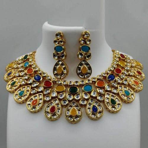 Ishhaara Multicolour Drop Cut Kundan Necklace And Earring Set