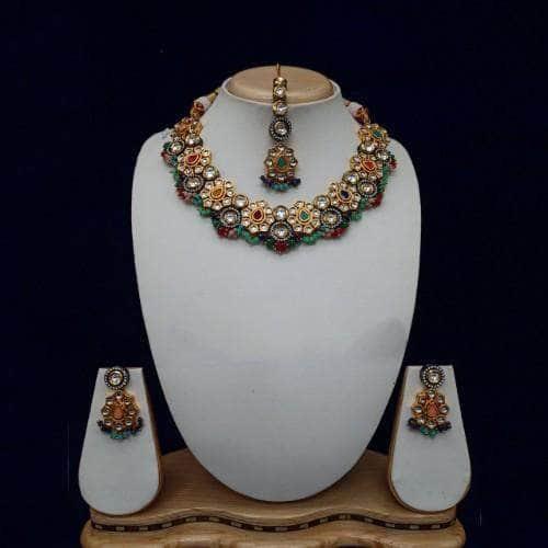 Ishhaara Drop Flower Dual Tonned Necklace Earring And Teeka Set