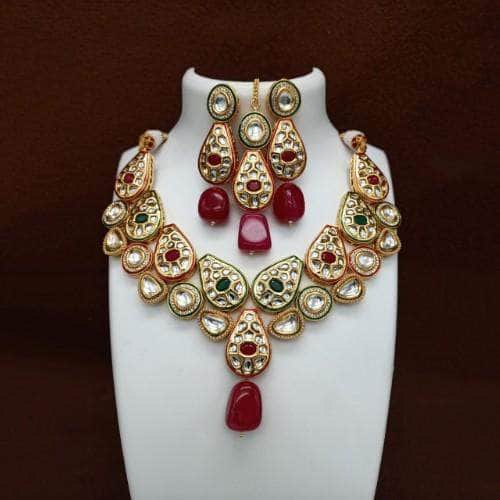 Ishhaara Multicolour Drop Stone Cut Work Necklace And Earring Set