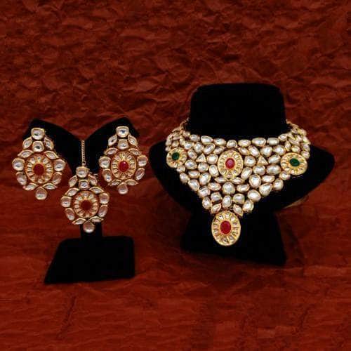 Ishhaara Multicolour Elongated Kundan Bridal Necklace Earring And Teeka Set