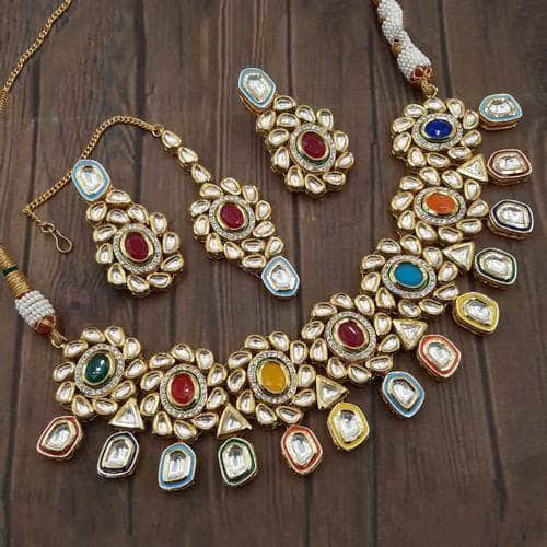 Ishhaara Multicolour Flower AD Kundna Pentagan Hanging Necklace Earring And Teeka Set