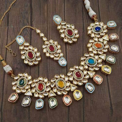Ishhaara Flower Ad Kundna Pentagan Hanging Necklace Earring And Teeka Set