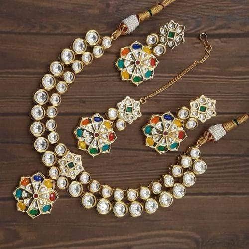Ishhaara Multicolour Flower Pendant Kundan Ruby Necklace Set