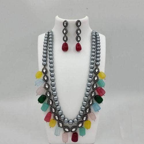 Ishhaara Multicolour Grey Pearls Long Beaded Necklace And Earring Set