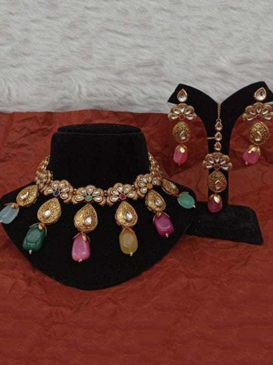 Ishhaara Half Flower Antique Drop Necklace Earring And Teeka Set