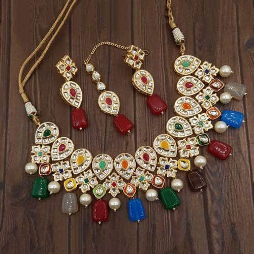 Ishhaara Multicolour Inverted Drop Moti Stone Jadau Necklace Set