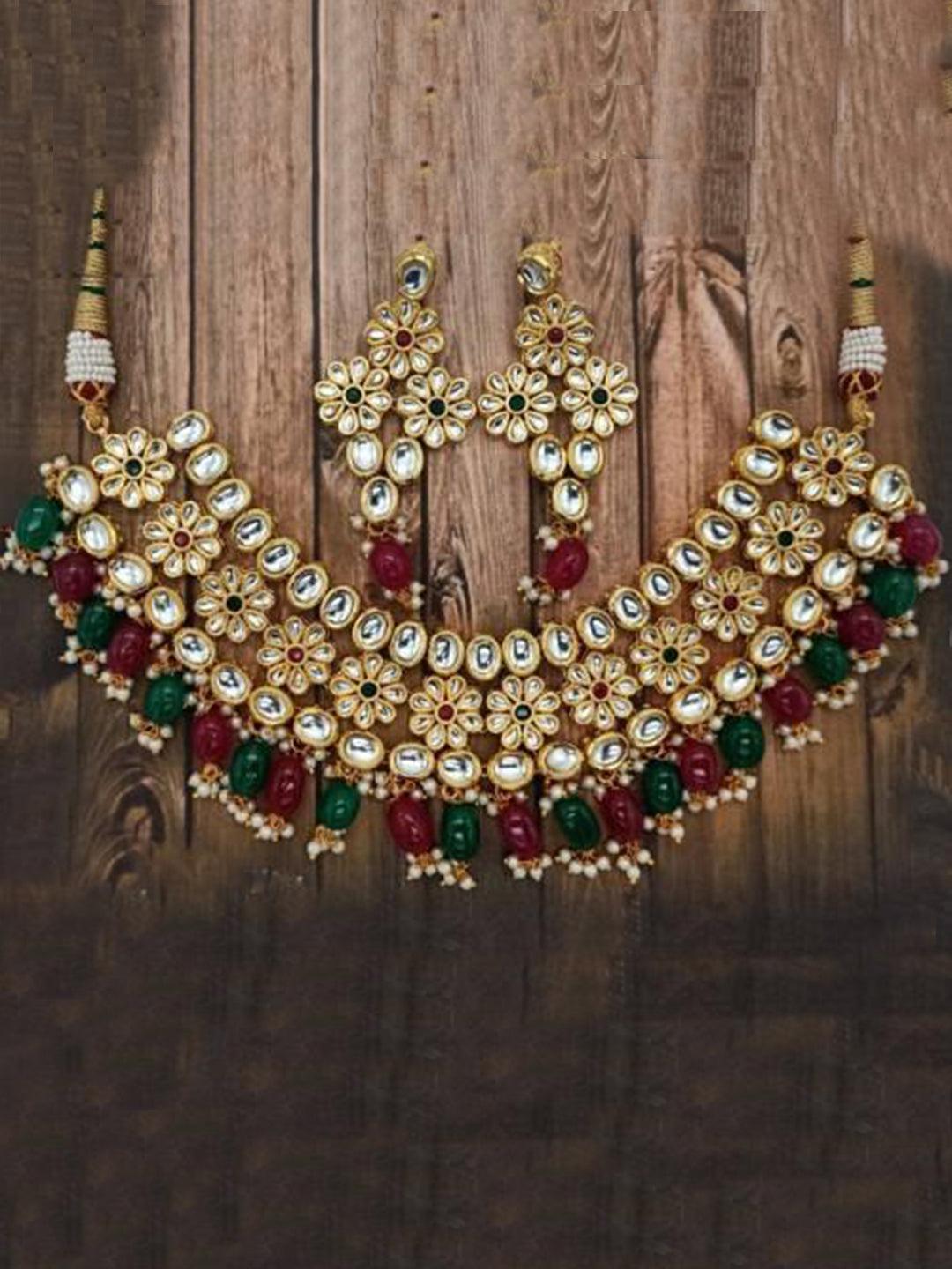 Ishhaara Multicolour Kundan Flower Motif Outline Necklace And Earring Set