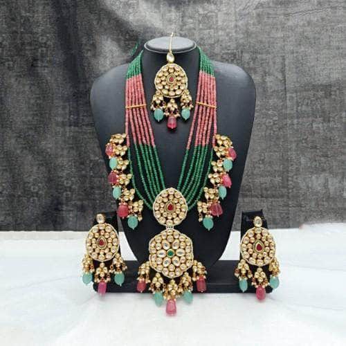 Ishhaara Multicolour Long Dual Pendant Necklace Earring And Teeka Set