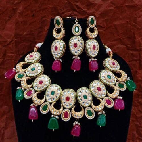 Ishhaara Multicolour Oval Multi Chand Necklace Earring And Teeka Set