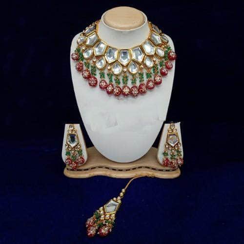 Ishhaara Multicolour Pentagon Drop Tassel Necklace And Earring Set