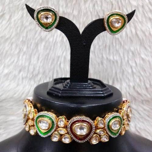 Ishhaara Multicolour Simple Meena Kundan Ad Choker Necklace Set