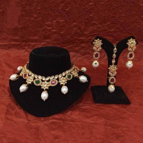 Ishhaara Multicolour Simple Oval AD Kundan Necklace Earring And Teeka Set