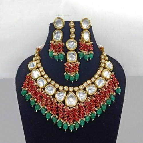 Ishhaara Small And Big Kundan Tassel Necklace Earring And Teeka Set