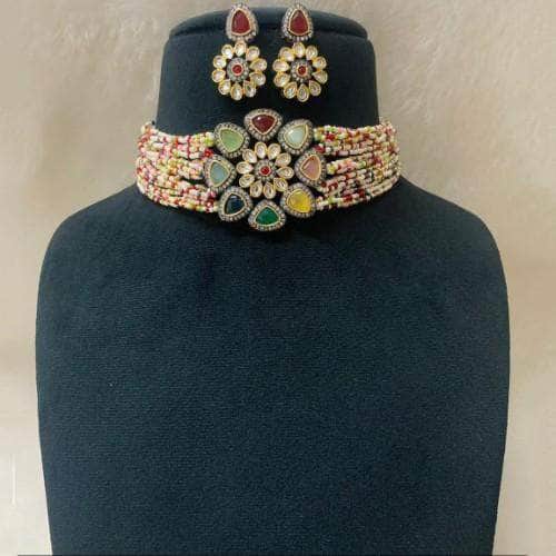 Ishhaara Multicolour Small Pearls Choker And Earring Set