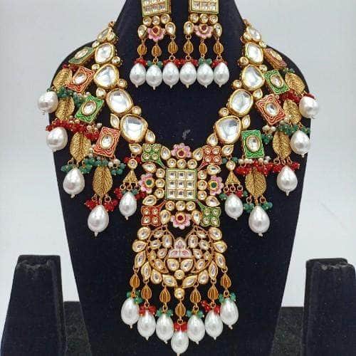 Ishhaara Multicolour Square Meena Leaf Drop Necklace And Earring Set