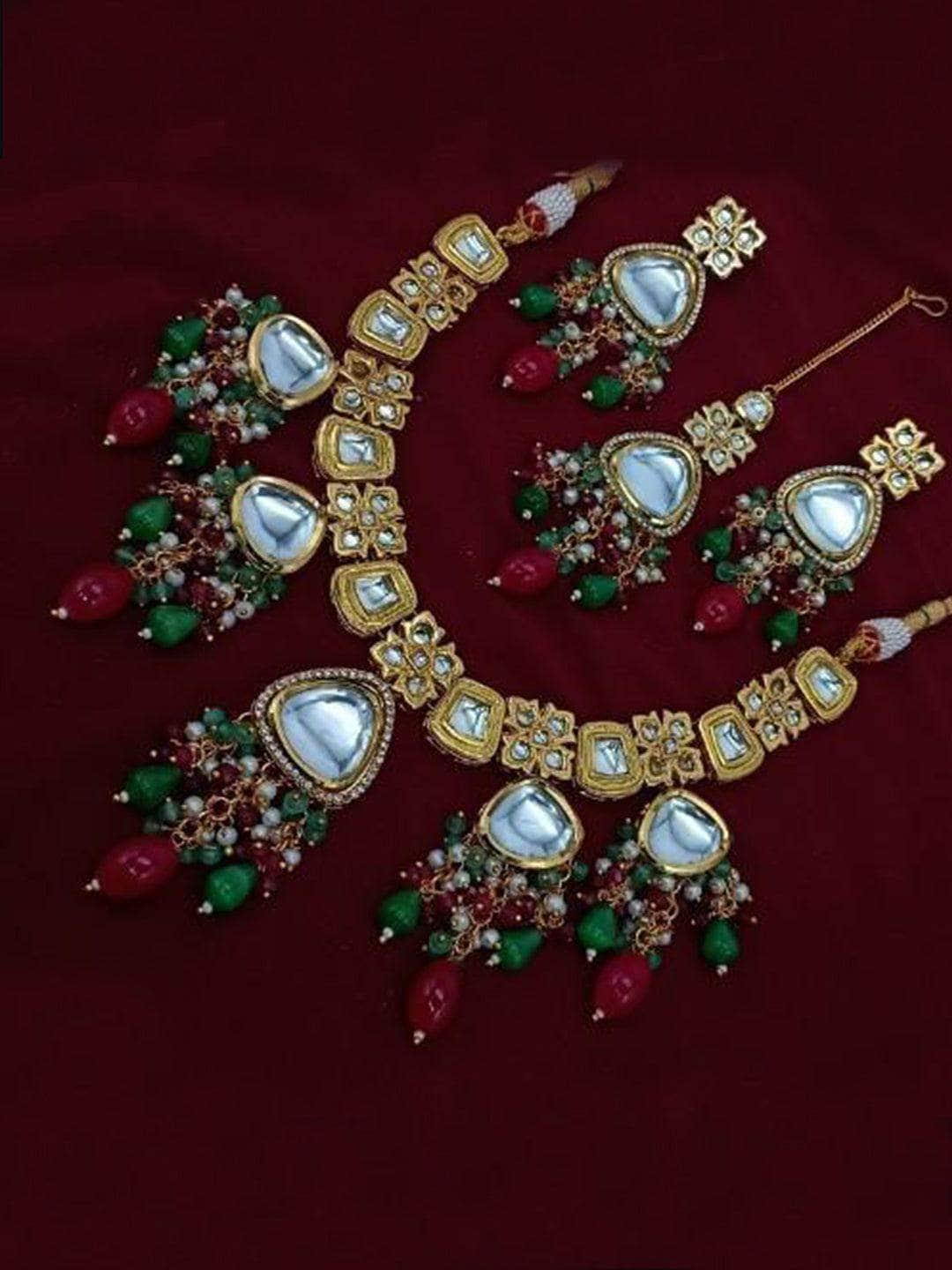 Ishhaara Yellow Triangular Hanging Kundan Necklace Earring And Teeka Set