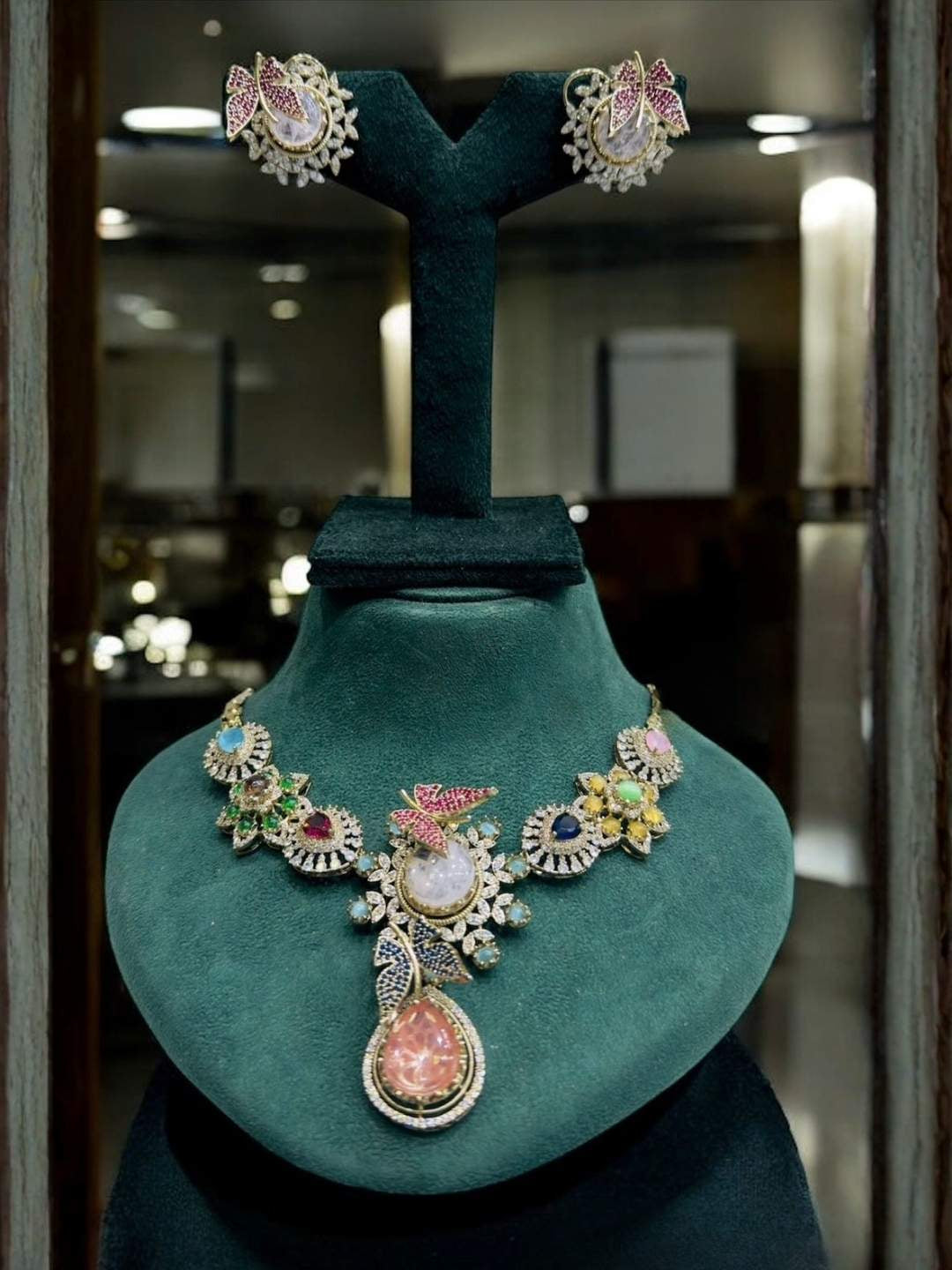 Ishhaara Multicoloured Gemstone Indo Western Necklace Set