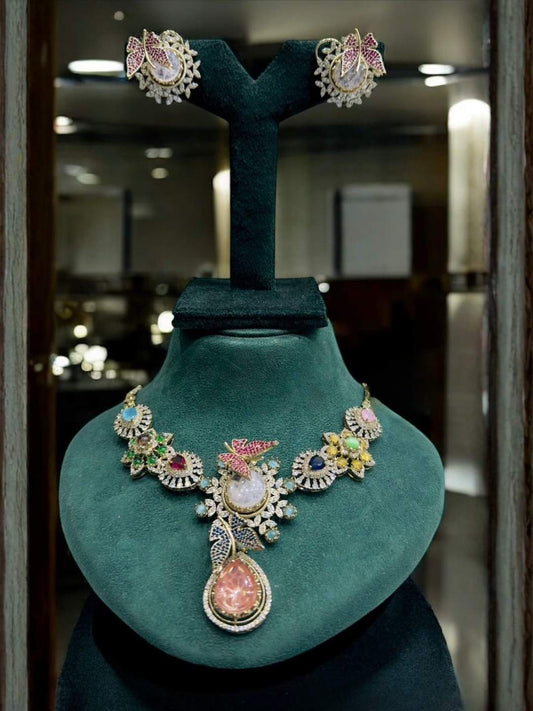 Ishhaara Multicoloured Gemstone Indo Western Necklace Set