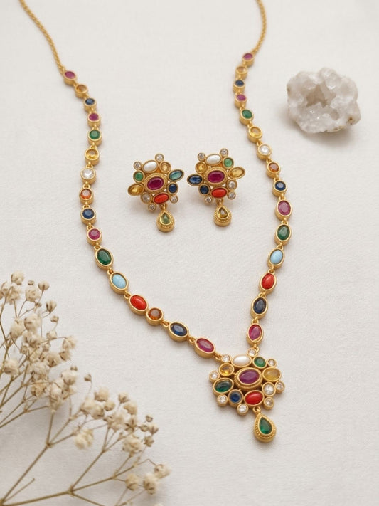 Ishhaara Navaratna Stones Attigai Necklace Set