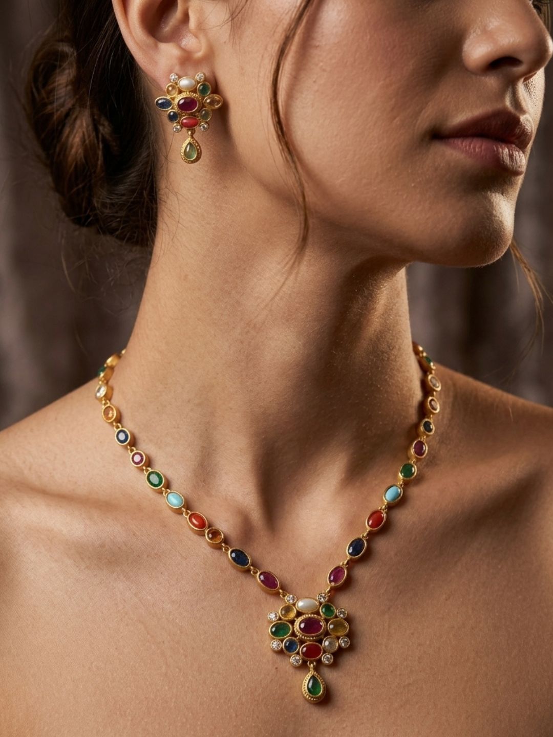 Ishhaara Navaratna Stones Attigai Necklace Set