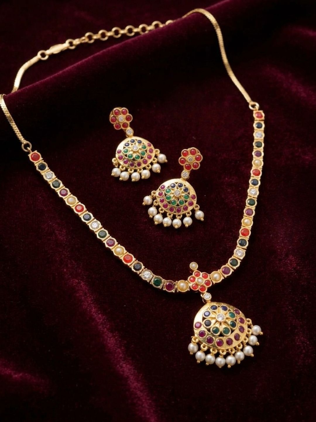 Ishhaara Navratan Stone Studded Attigai Necklace