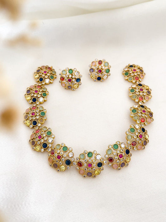 Ishhaara Navrathna Flower Round Neckpiece