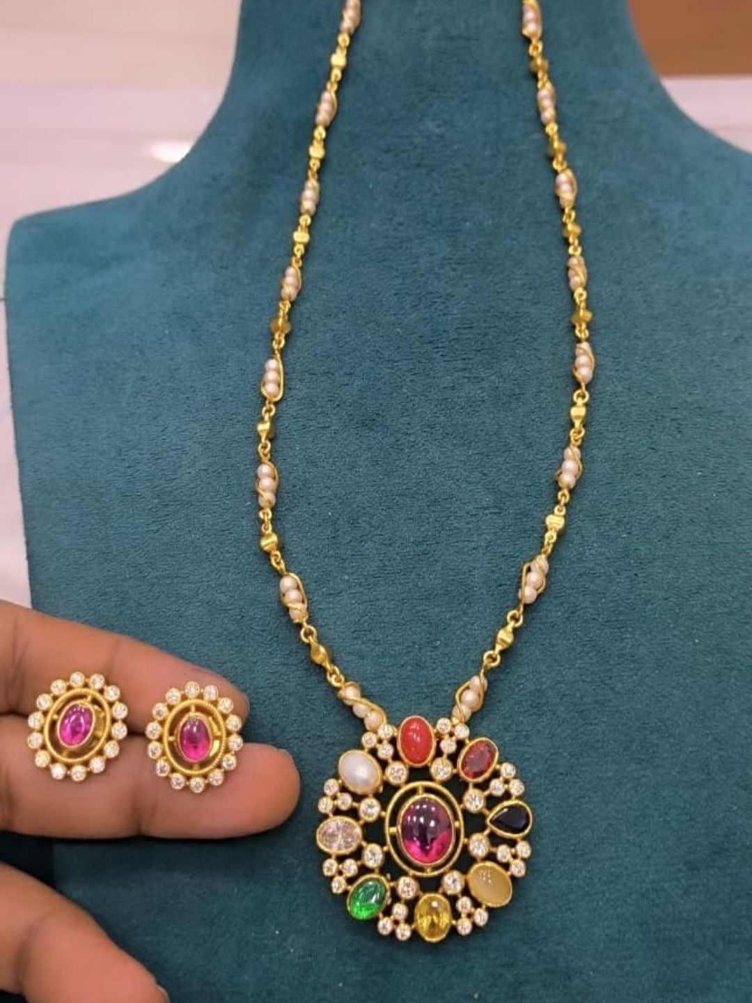 Ishhaara Navratna Beaded Chain Necklace Set - handcrafted Indian jewellery