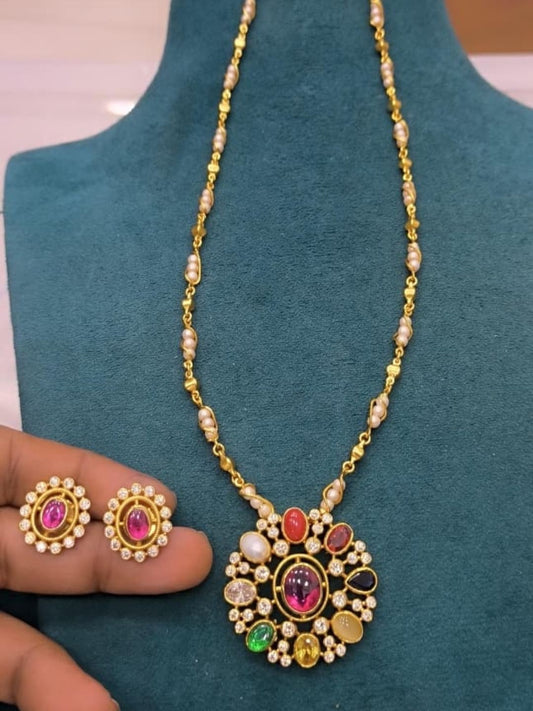 Ishhaara Navratna Beaded Chain Necklace Set - handcrafted Indian jewellery