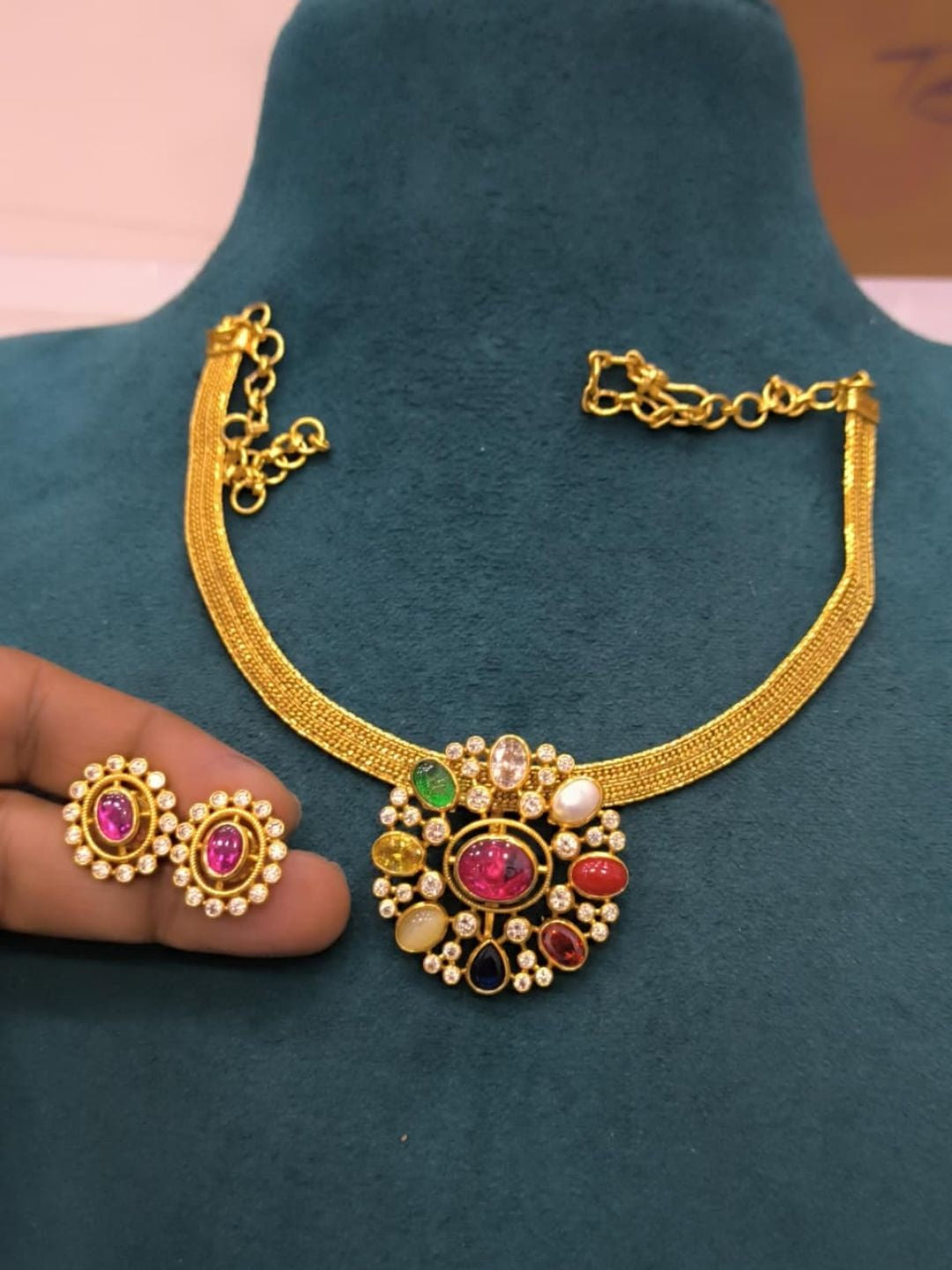 Ishhaara Navratna Multicolor Stone Necklace Set - handcrafted Indian jewellery