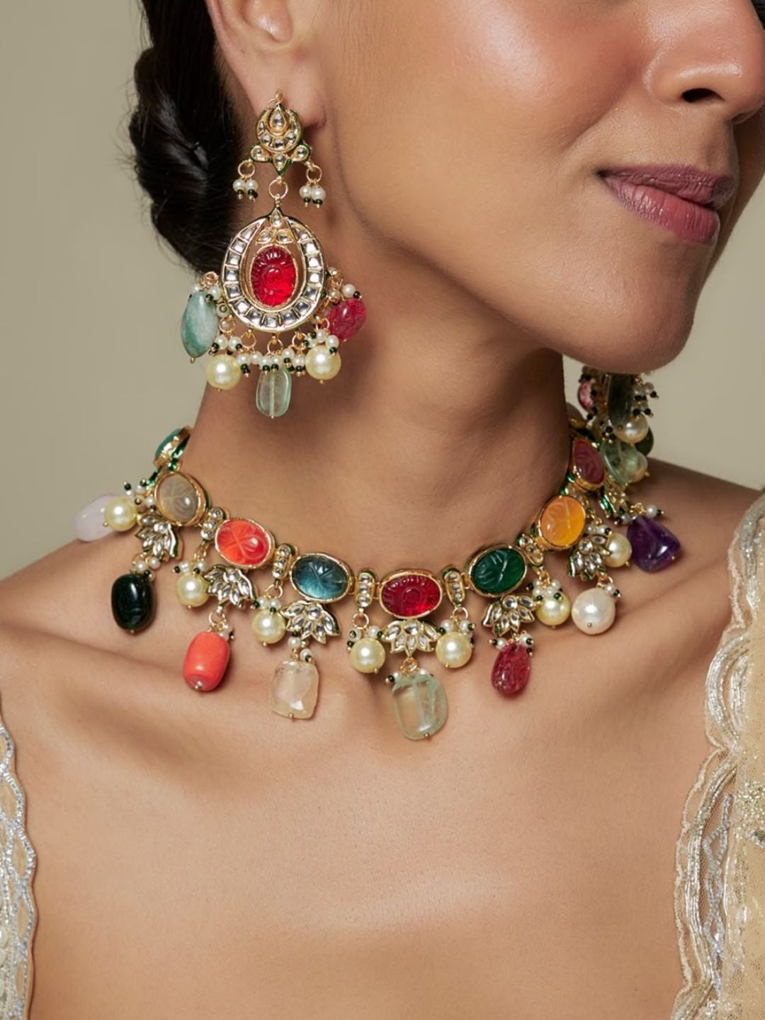 Ishhaara Navratna Pearl Choker Set - handcrafted Indian jewellery