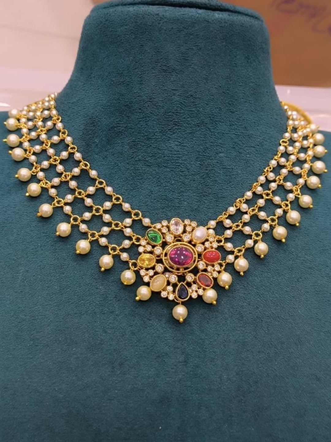 Ishhaara Navratna Pearl Fringe Necklace Set - handcrafted Indian jewellery