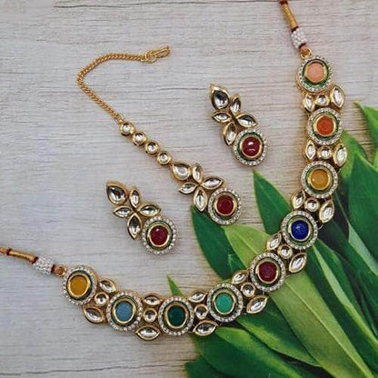 Ishhaara Navratna Small Kundan Ad Necklace Set