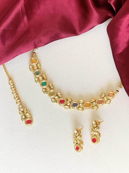 Ishhaara Navratna Small Kundan Ad Necklace Set