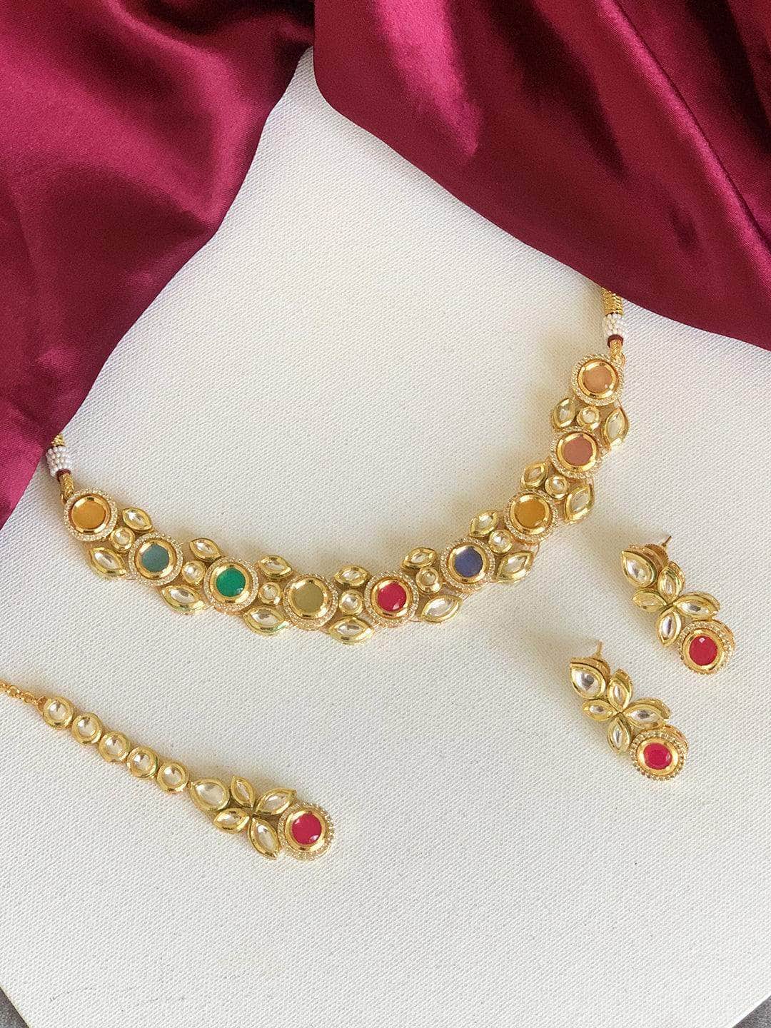 Ishhaara Navratna Small Kundan Ad Necklace Set