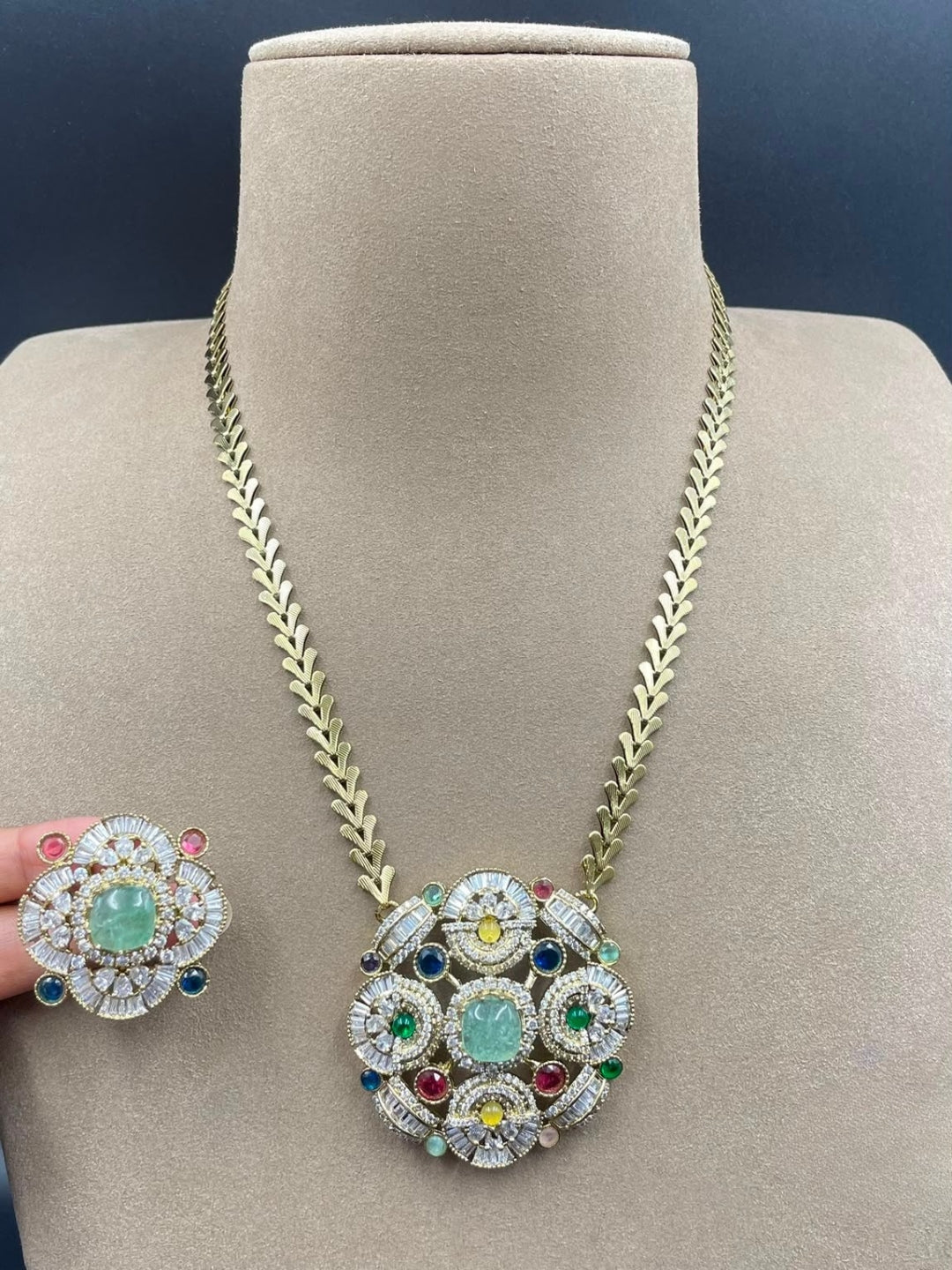 Ishhaara Navratni Multistone Diamond Pendant Necklace Set