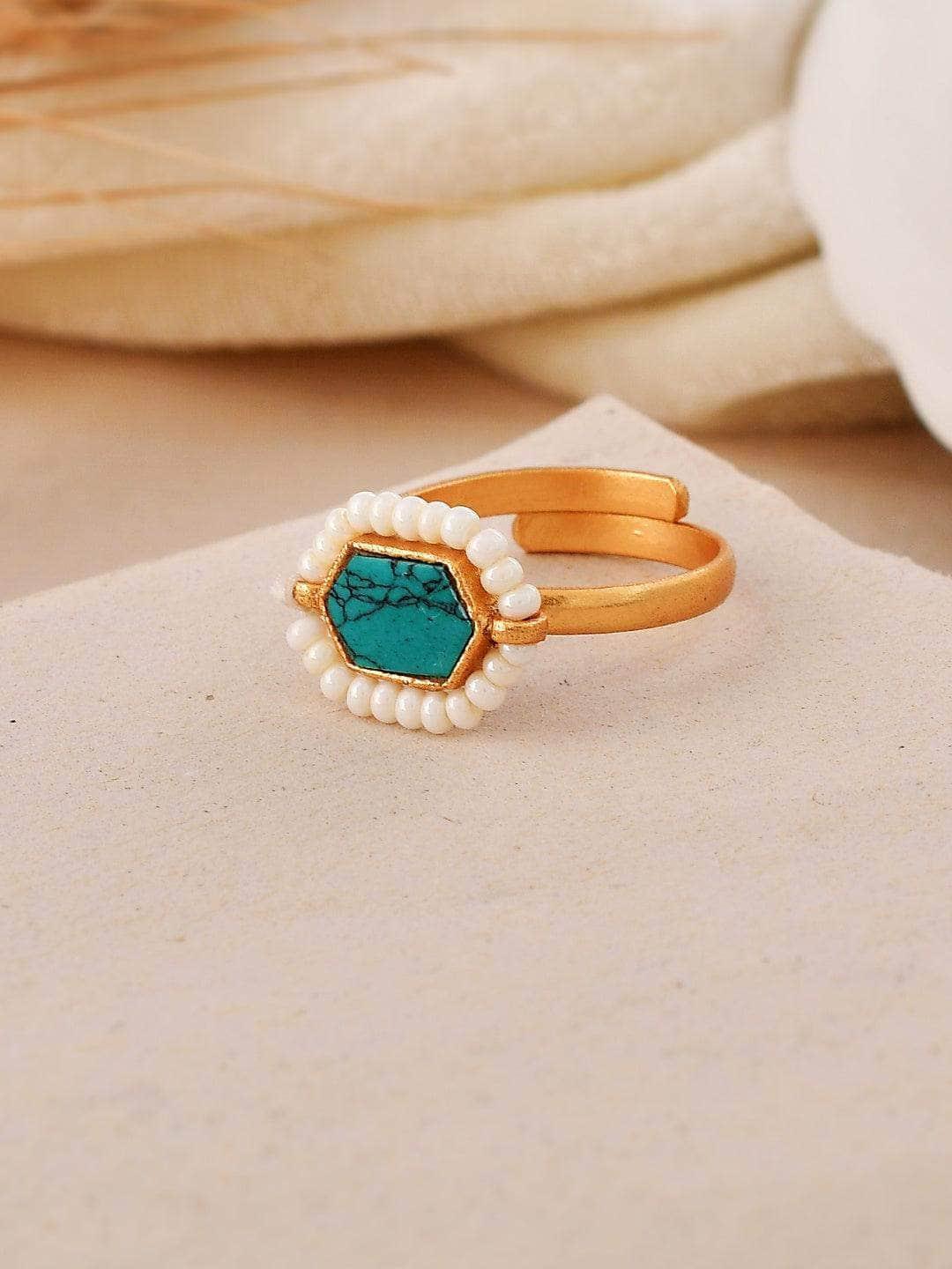 Ishhaara Oblong Kundan Pearl Ring Blue