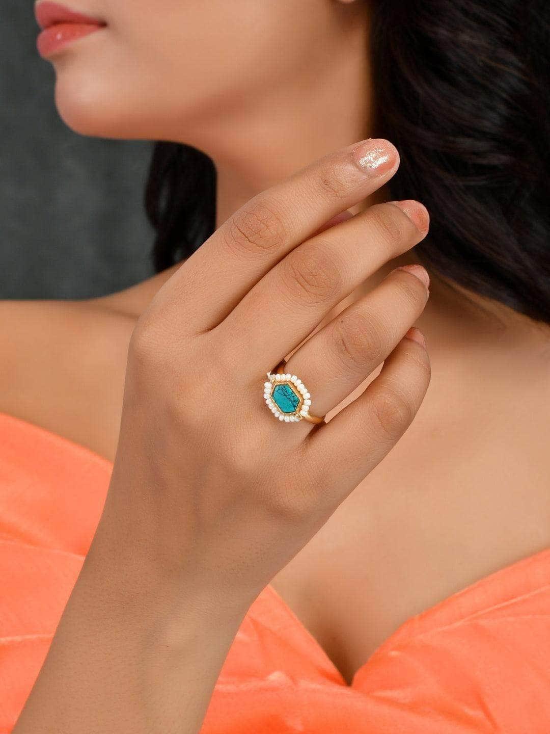 Ishhaara Oblong Kundan Pearl Ring Blue