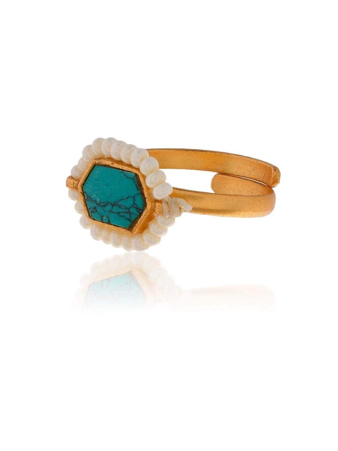 Ishhaara Oblong Kundan Pearl Ring Blue